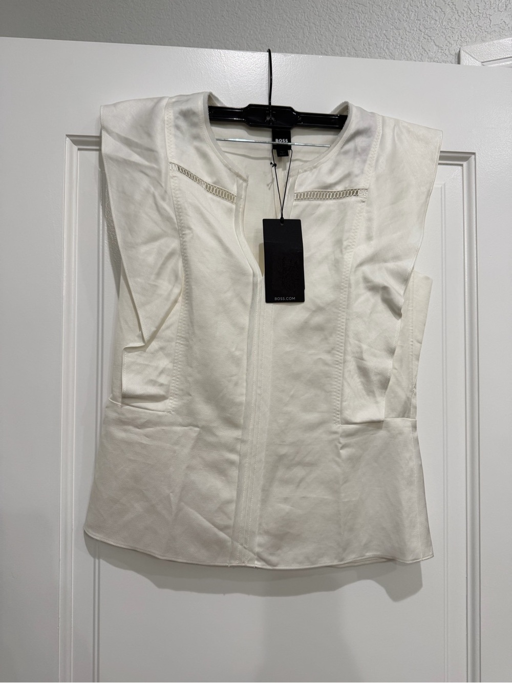 BOSS White Cotton Split-Neck Blouse with Trim Detail